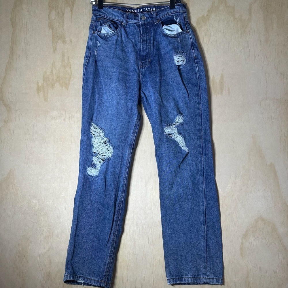 Vanilla Star 90s Straight Jeans Distressed Medium Wash Size 7‎